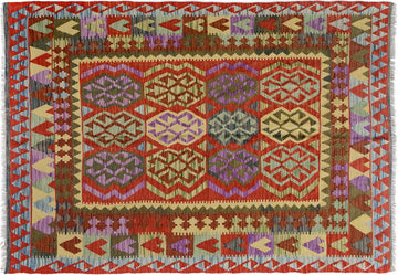 Flat Weave Kilim, Antique, Navaho, Vintage, Handmade, Geometric Kilim Blue Red Hand-Woven Rectangle 100% Wool Area Rug 5 x 7
